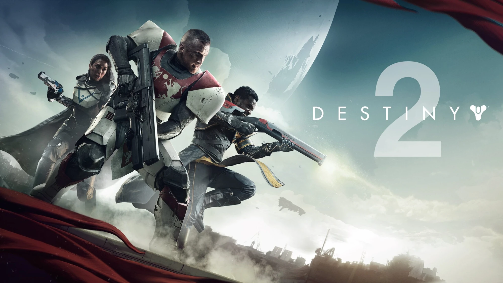 Destiny 2 key art: three Guardians leaping into action beneath a vast planet